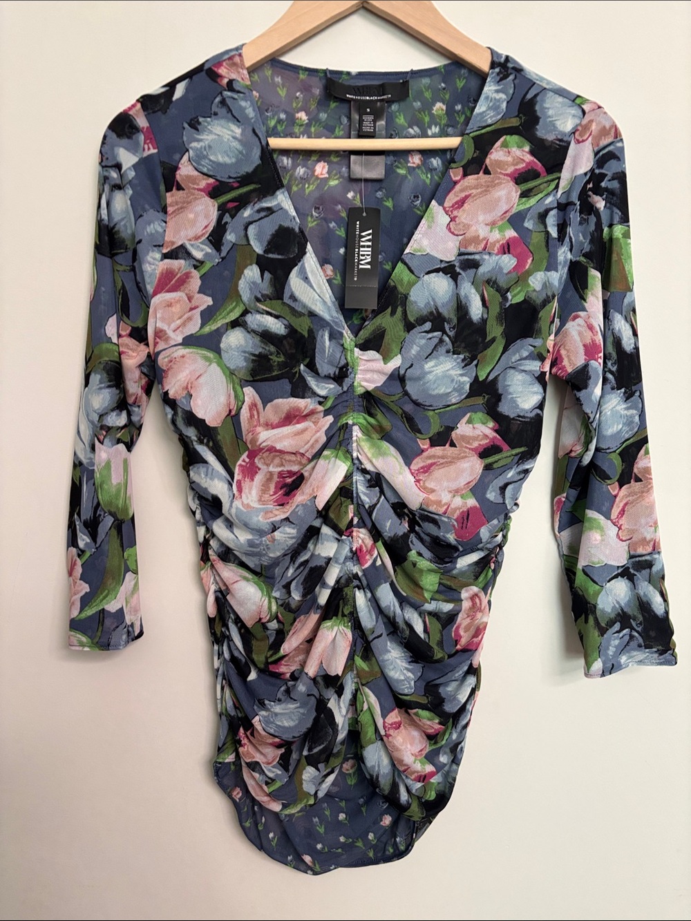 White House Black Market Floral Ruched V-Neck Top NWT S Small Reversible